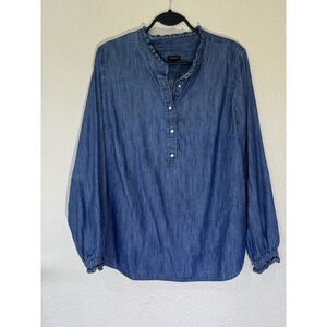 Talbots Womens L Denim Chambray Top Ruffle Neck Henley Blouse Long Sleeve